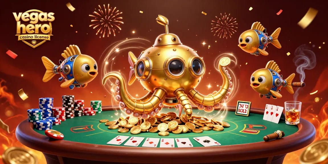 Découvrez les détails de la licence Vegas Hero Casino dans une illustration dynamique de casino.