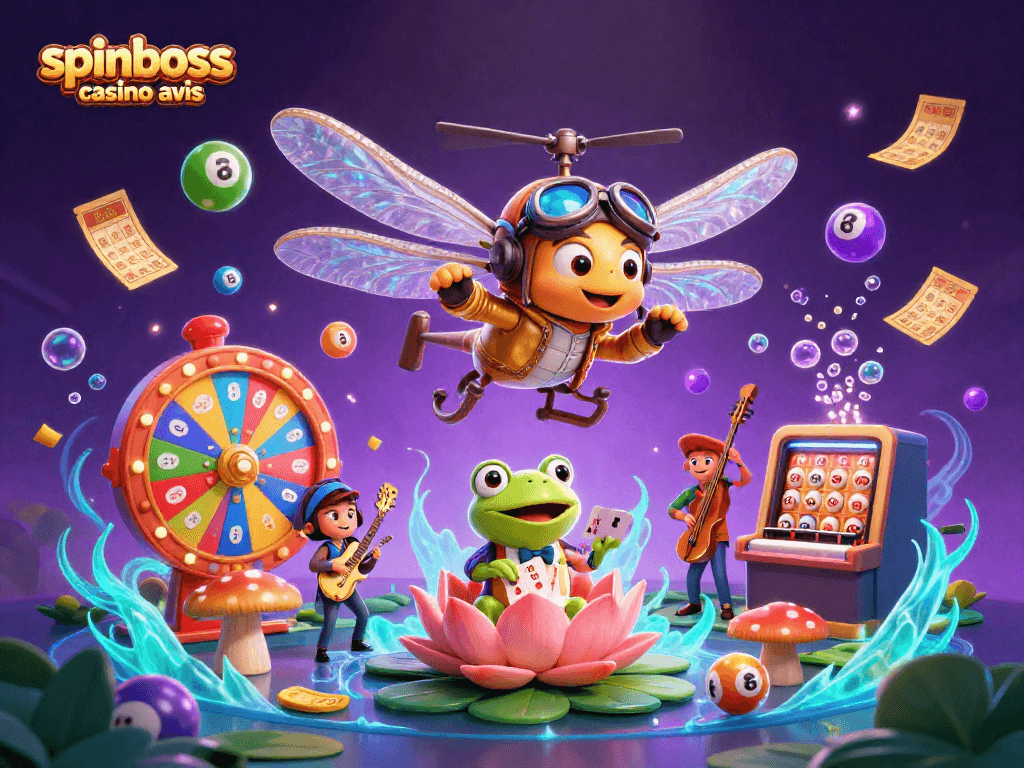 spinboss casino avis : Profitez d'une illustration captivante d'un croupier grenouille et d'un pilote libellule.
