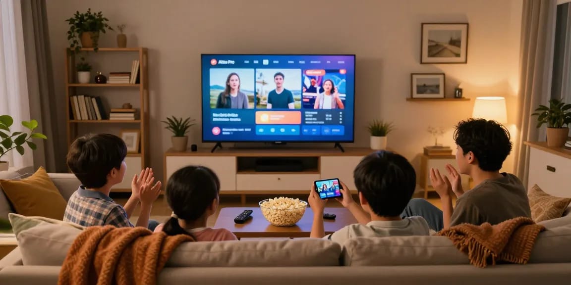 Découvrez la famille utilisant l'application atlas pro ontv pour une soirée cinéma à domicile.
