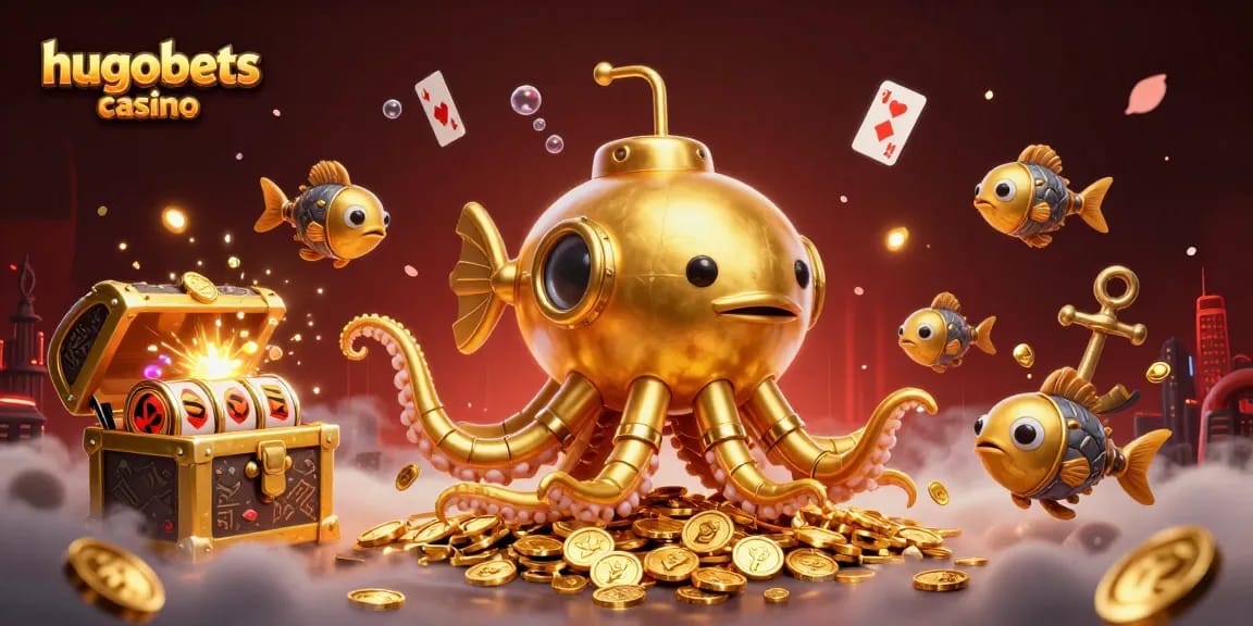 Experience the thrill of hugobets casino with this immersive 3D underwater adventure, showcasing vibrant slot reels and treasure.