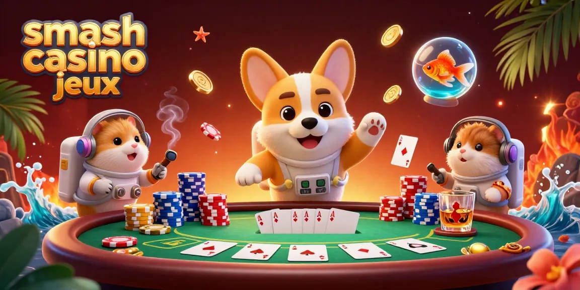 Jouer à smash casino jeux avec un corgi astronaute flottant et des jetons de poker