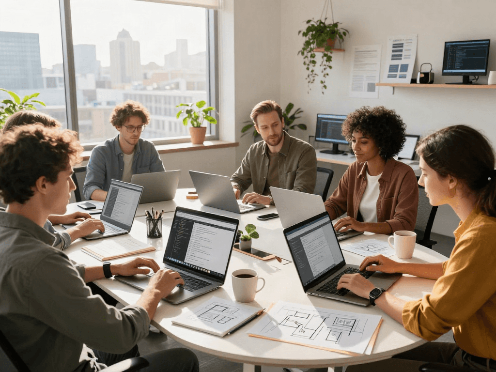 Collaboration d'équipe dans un bureau moderne avec Atlas pro sur des ordinateurs portables.