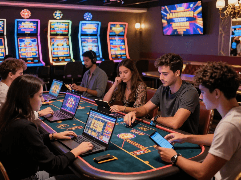 Scène d'un casino en ligne où des joueurs s'amusent avec casino en ligne sur différents appareils, ambiance festive et décor élégant.