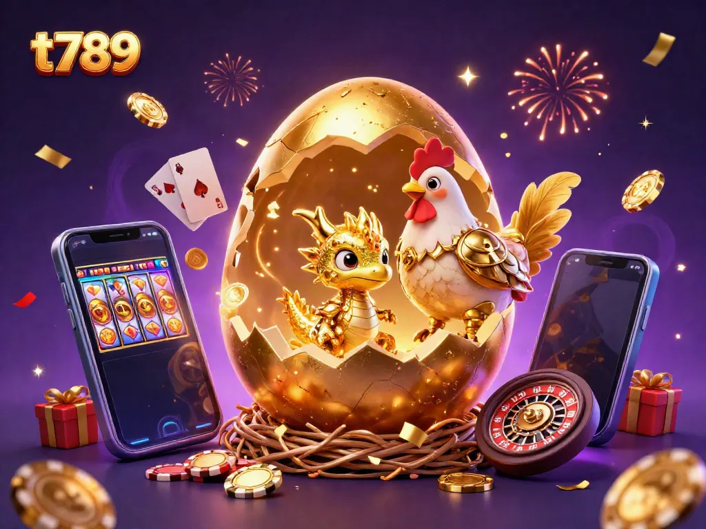 Experience the excitement of t789 with a golden dragon surrounded by casino games and vibrant celebrations.