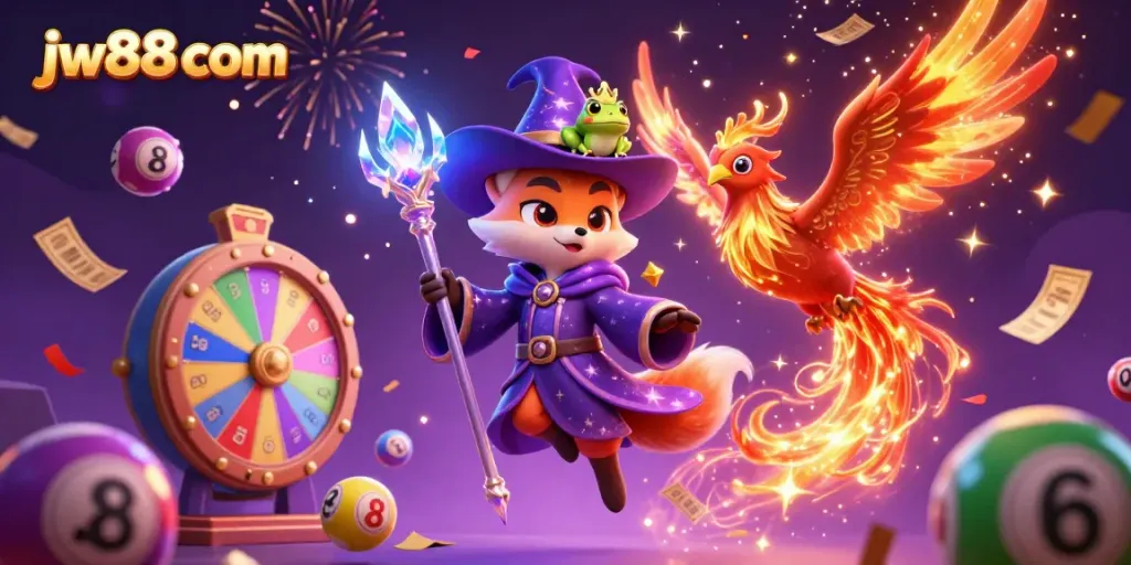 Engage with thrilling gameplay at jw88 com featuring a magical fox wizard, phoenix, and dynamic casino elements.