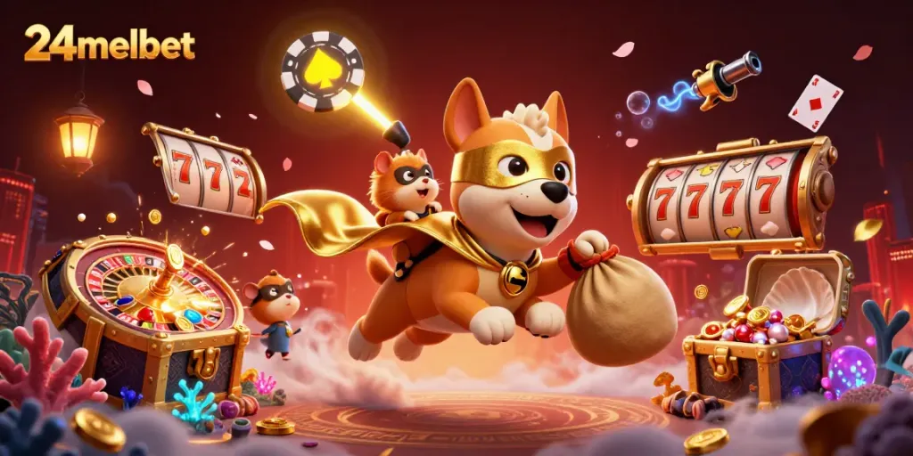 24melbet showcases a dynamic casino scene featuring a flying superhero dog and hamster amidst colorful gaming elements.