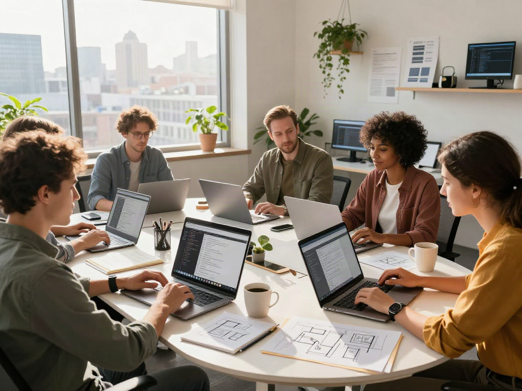 Collaboration d'équipe dans un bureau moderne avec Atlas pro sur des ordinateurs portables.
