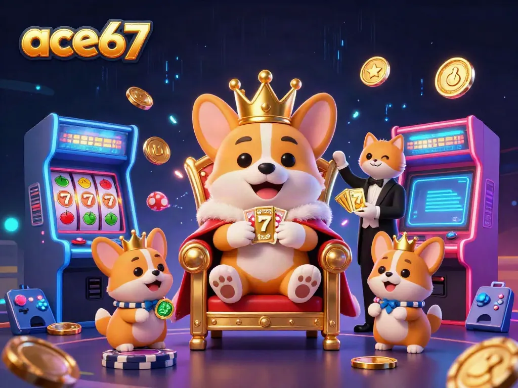 Winning strategies unfold in ace67's vibrant cartoon casino scene with a royal corgi and dynamic game elements.