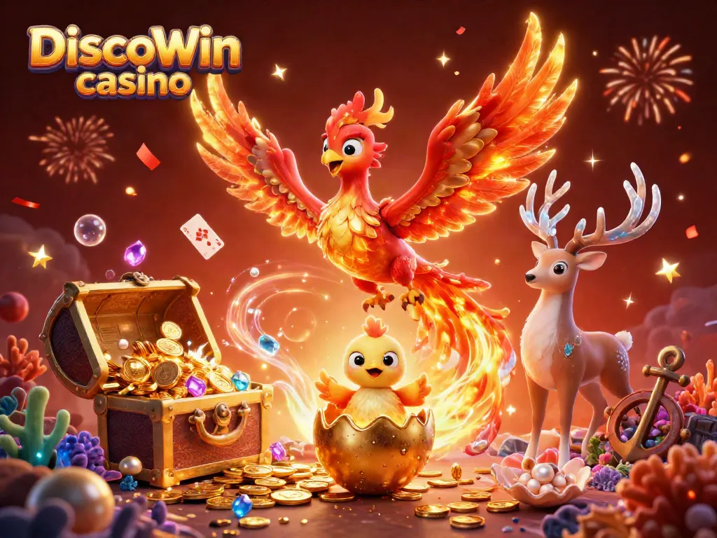 Profitez des tours gratuits de DiscoWin casino dans une scène animée avec un phoenix en feu et des éléments de jeu.