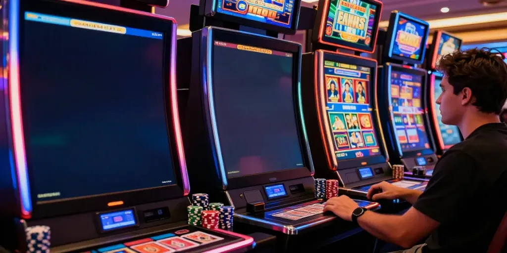 Scène animée de casino en ligne illustrant le casino bonus sans dépôt avec un joueur et des jeux captivants.