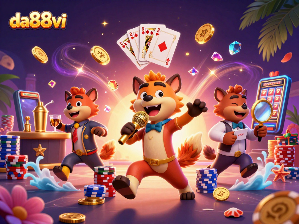 Experience the fun at da88vi's comedy casino with lively hyenas, gems, and golden coins.