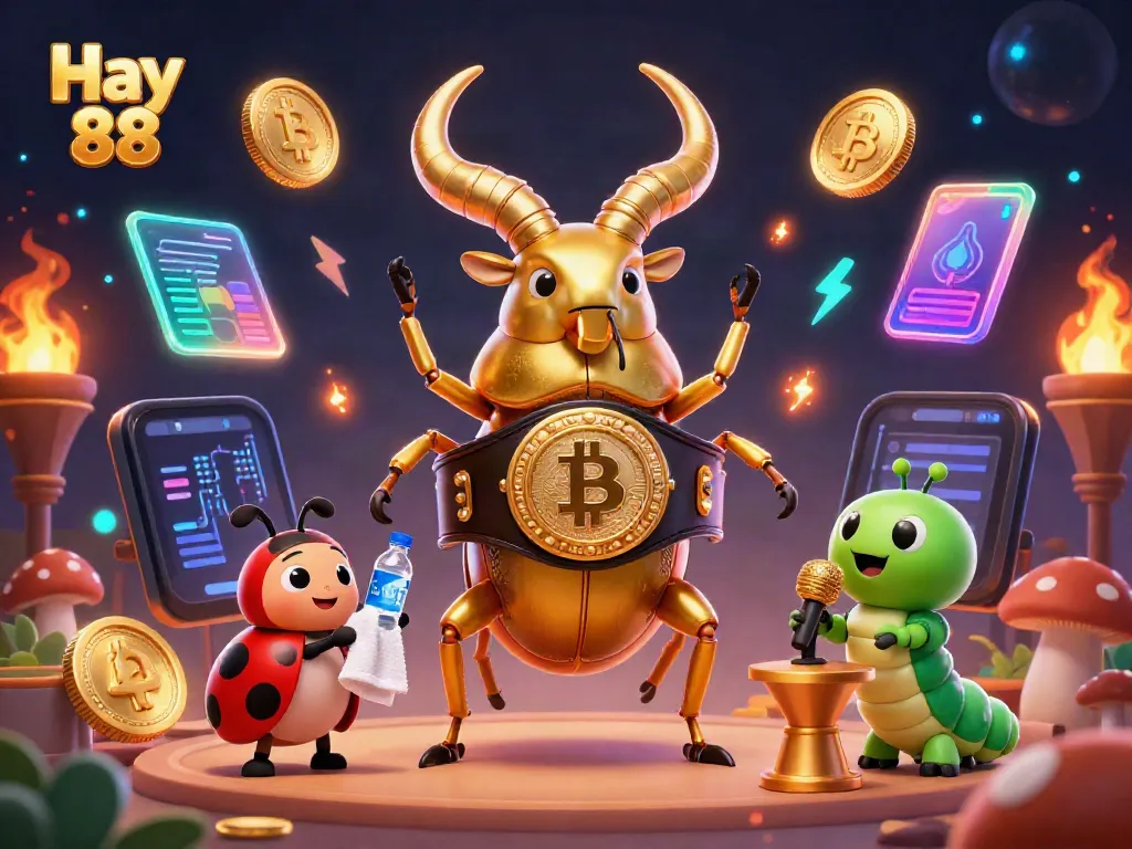 Engage with Hay 88 through vibrant 3D casino characters and crypto elements in an animated scene.