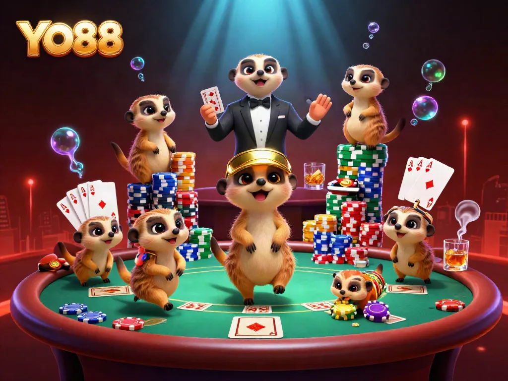 YO88 meerkats running a vibrant casino scene, showcasing dynamic poker elements and engaging action.