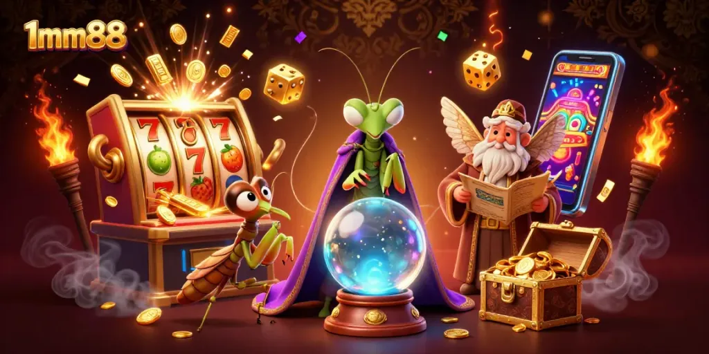 Experience the excitement of 1mm88's casino scene with vibrant slots, characters, and glowing symbols.