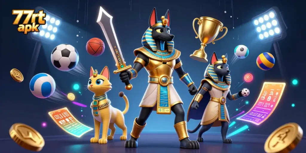 Experience the thrill of the 77rt apk with Anubis and Bastet in an electrifying gambling scenario.