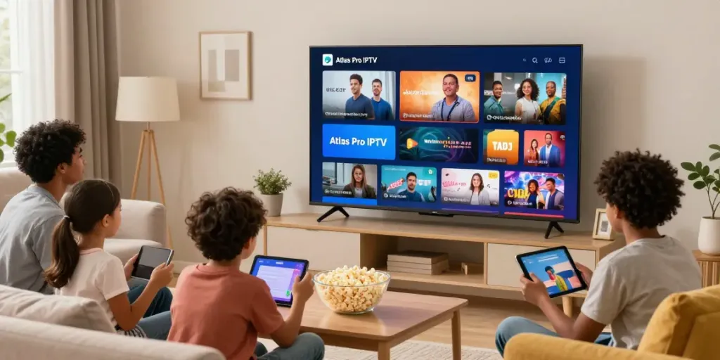 Cinéma à domicile avec l'application atlas pro iptv, famille rassemblée devant un grand téléviseur.