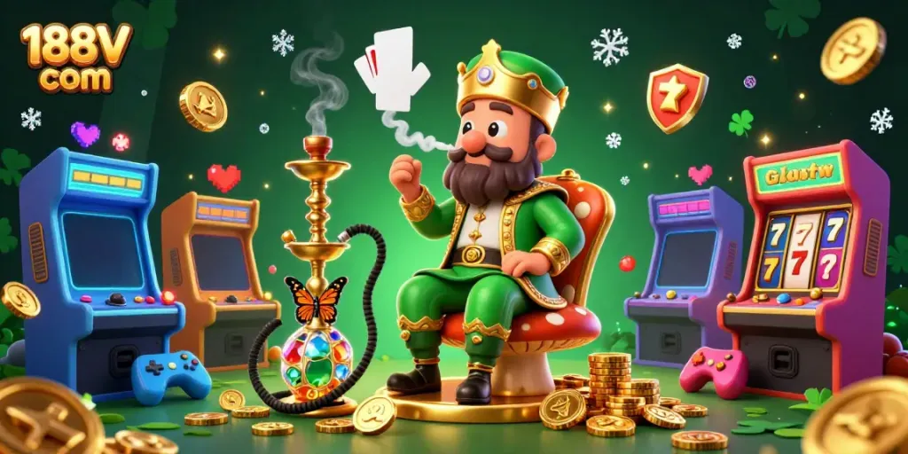 Experience winning strategies with 188V com, where vibrant characters and gaming elements blend in a thrilling casino scene.