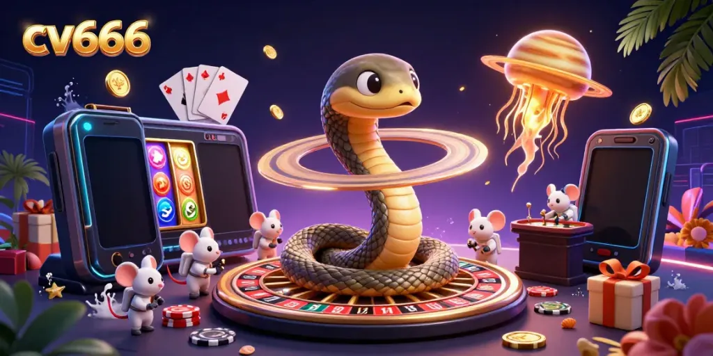 Play exciting games and win big with cv666, featuring vibrant casino elements and characters.