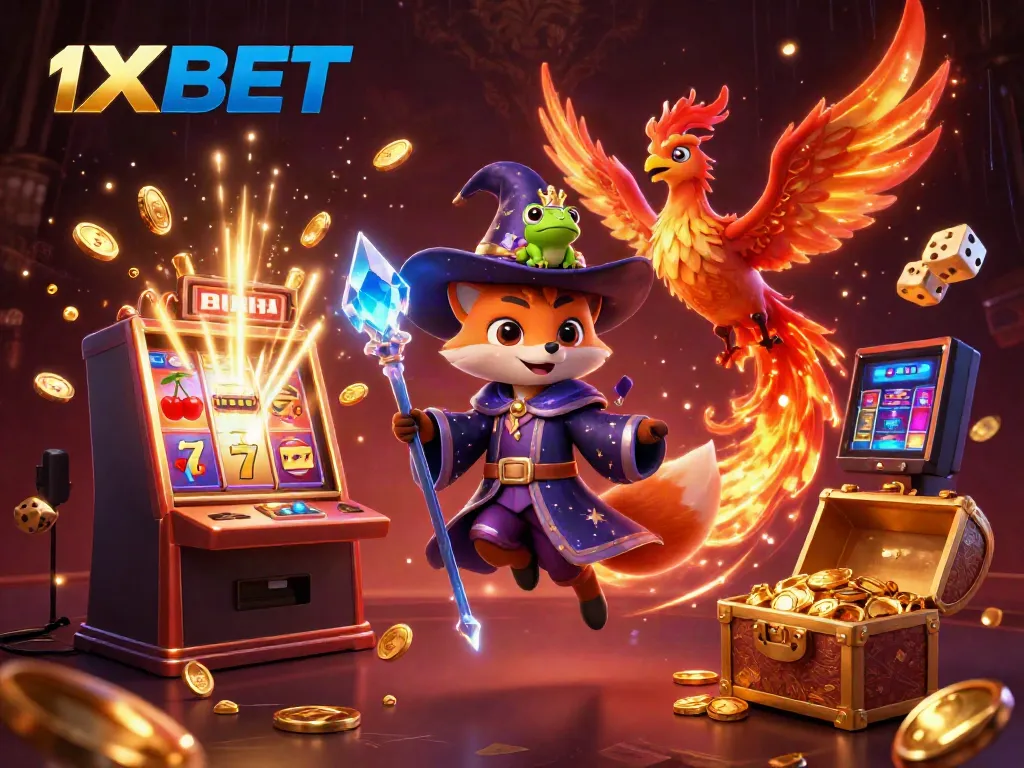 Experience the excitement of 1XBET with a magical scene of a wizard fox, a phoenix, and a treasure-filled slot machine.