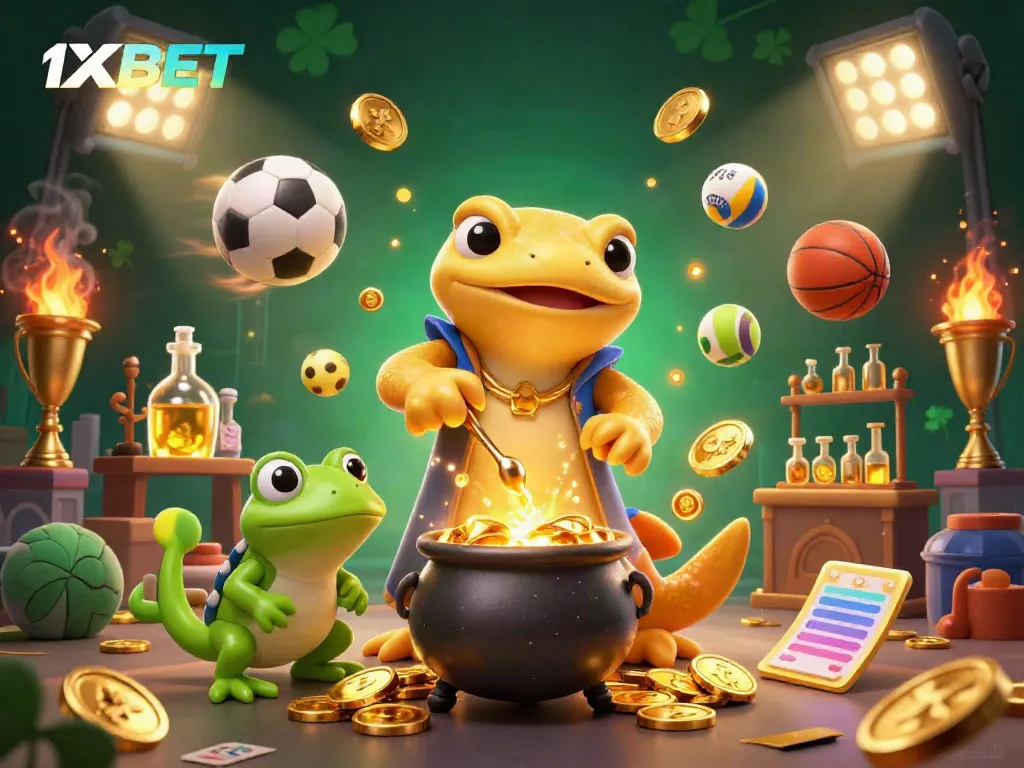 Engage with 1XBET's dynamic sports betting scene illustrated with a golden salamander alchemist and vibrant game elements.