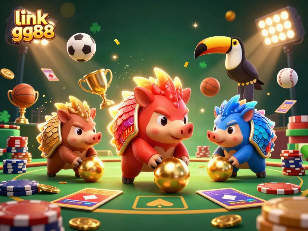 Experience the excitement of link gg88 as pangolins roll golden balls in a dynamic gambling scene.