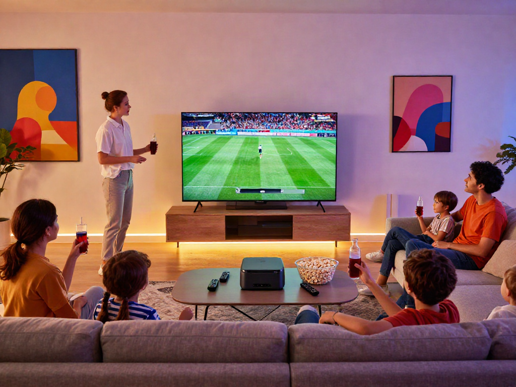 Iron tv pro : Famille réunie dans le salon moderne autour de la télévision, ambiance chaleureuse.