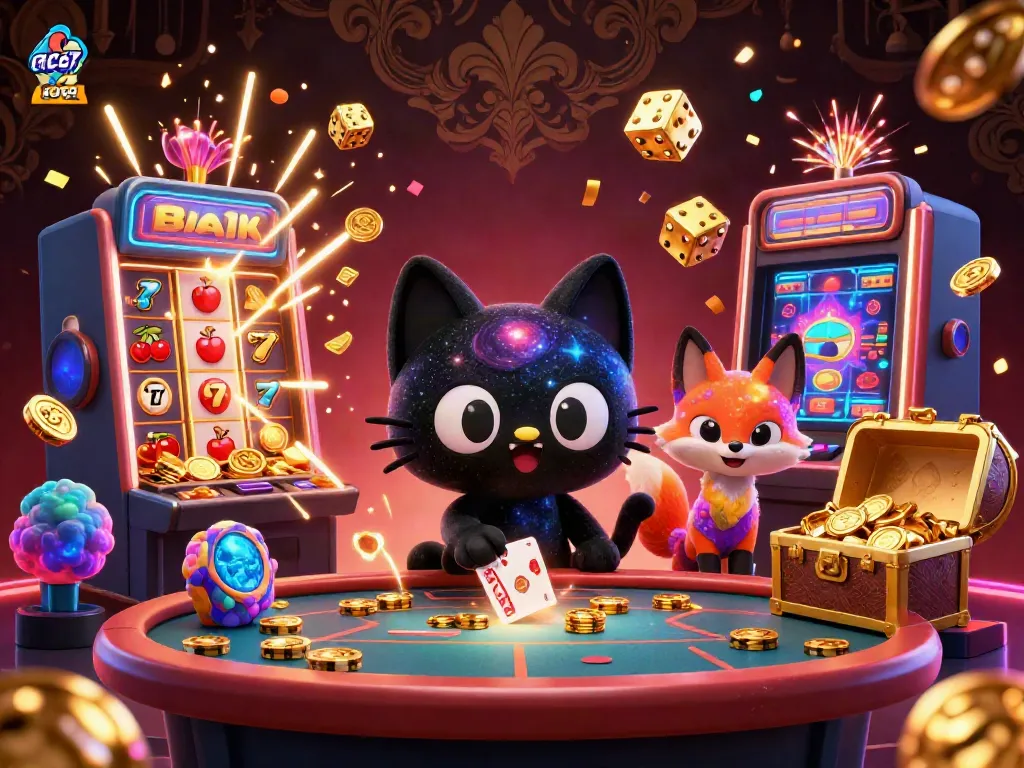 Experience the cosmic thrill of ace67 with a black hole cat and nebula fox amid a jackpot explosion in this vibrant casino scene.