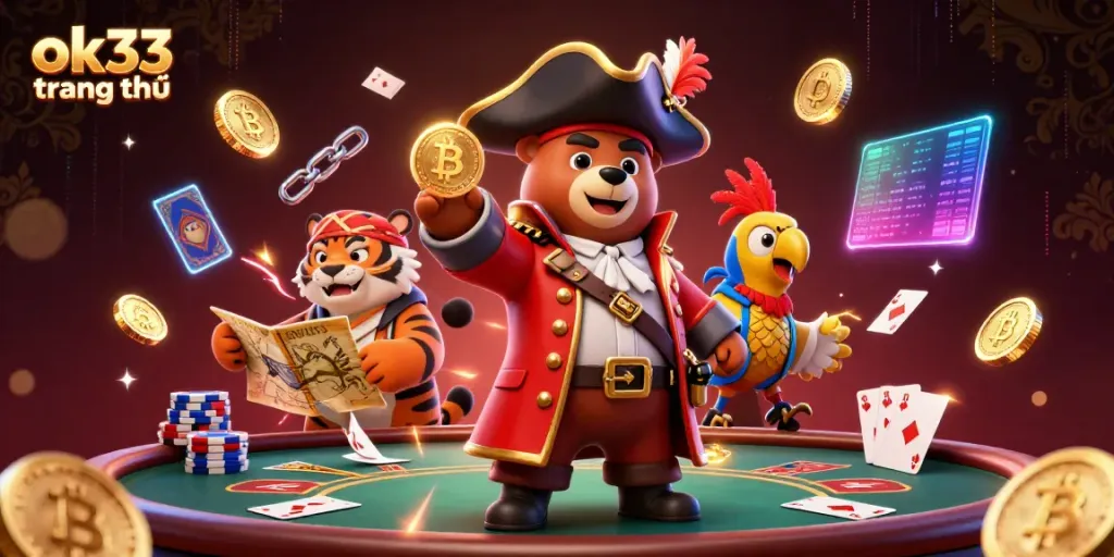 Experience the excitement of ok33 trang chủ with a vibrant casino scene featuring a cartoon pirate bear and tiger, enhanced by poker elements.