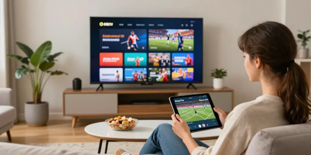 Utilisation de l'application Atlas Pro pour le streaming dans un salon moderne avec télévision et ambiance chaleureuse.
