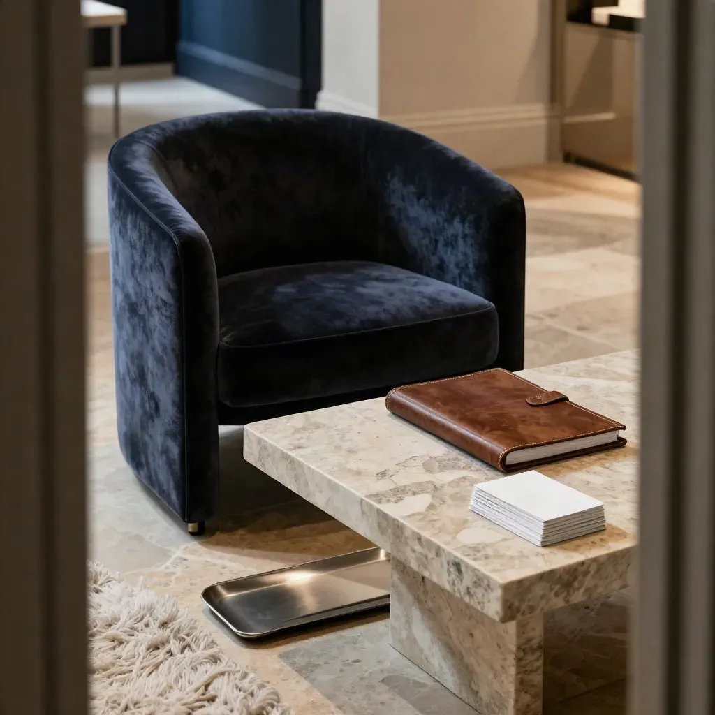 Coin de coaching privé avec fauteuil velours sombre, table en pierre et cartes empilées.
