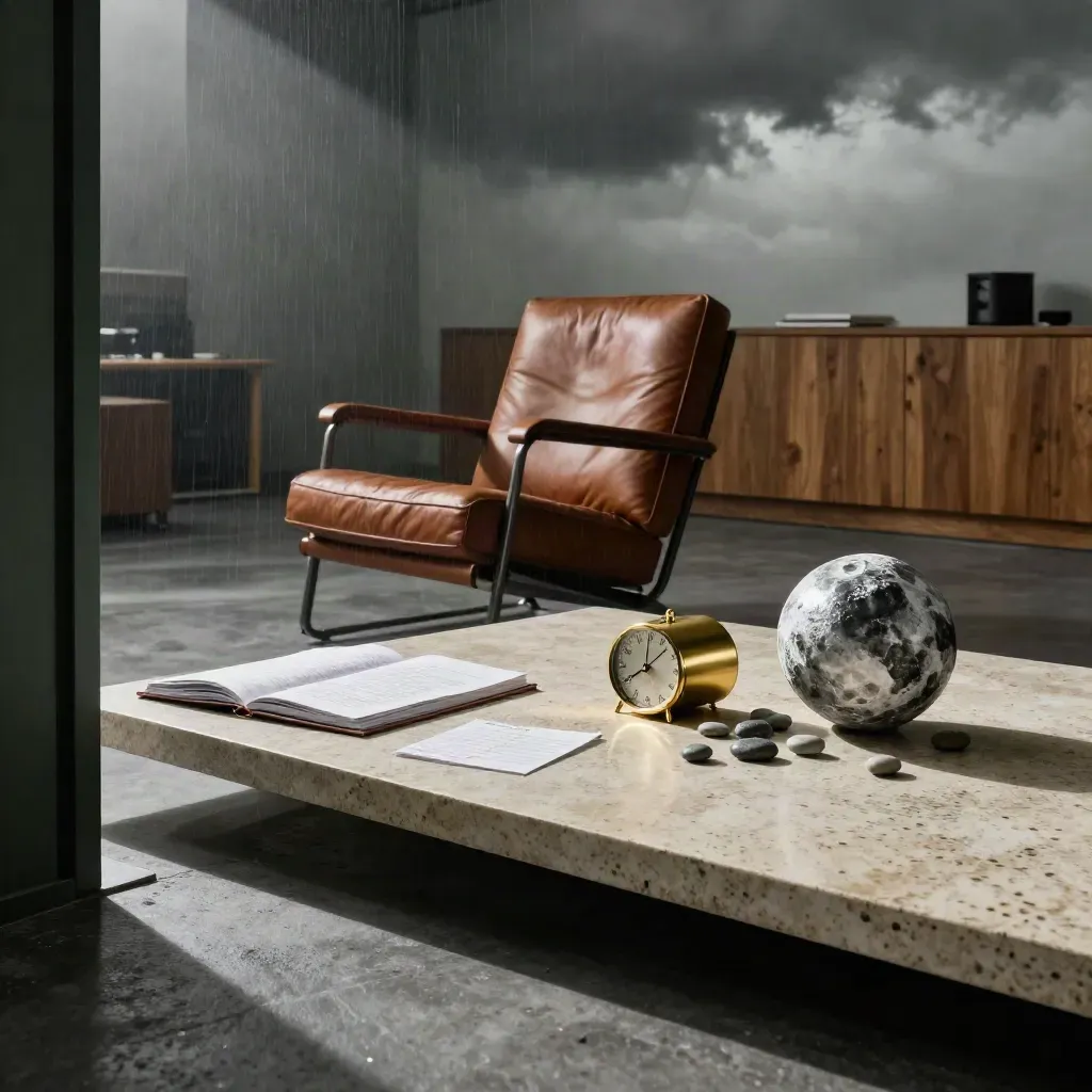 Loft de coaching nocturne avec fauteuil en cuir, table en travertin, sphère lunaire et minuteur en laiton.