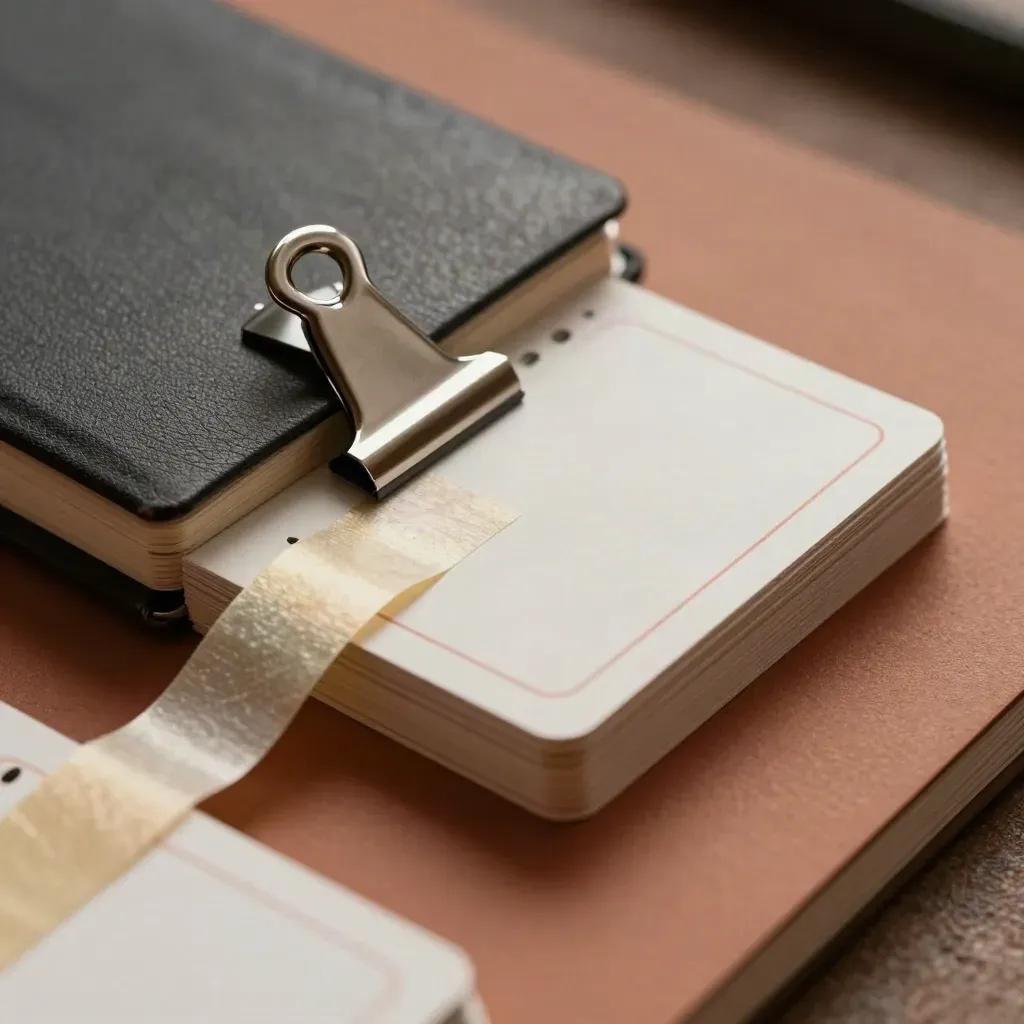 Vue macro de templates d’action, pince bulldog, carnet fermé et ruban doré sur surface terracotta.