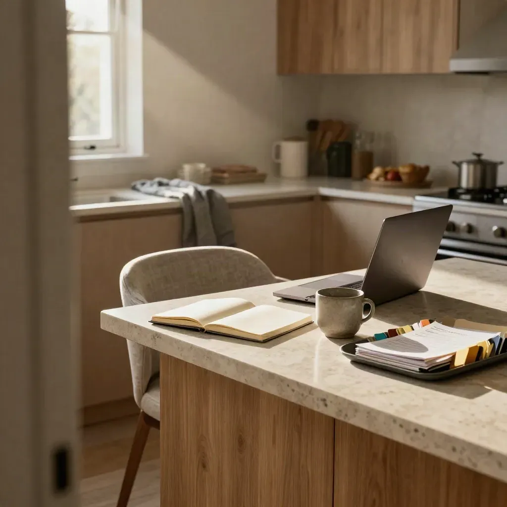 Cuisine-bureau à l’aube, chaise repoussée, ordinateur fermé, tasse froide et carnet prêt.