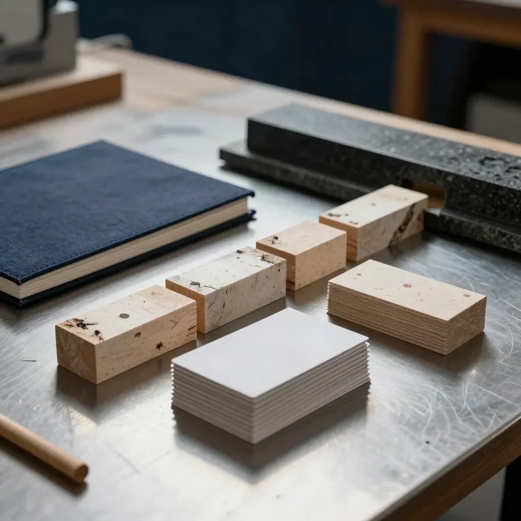 Blocs en bois triés, carnet fermé et trois piles de cartes sur un plan de travail sombre