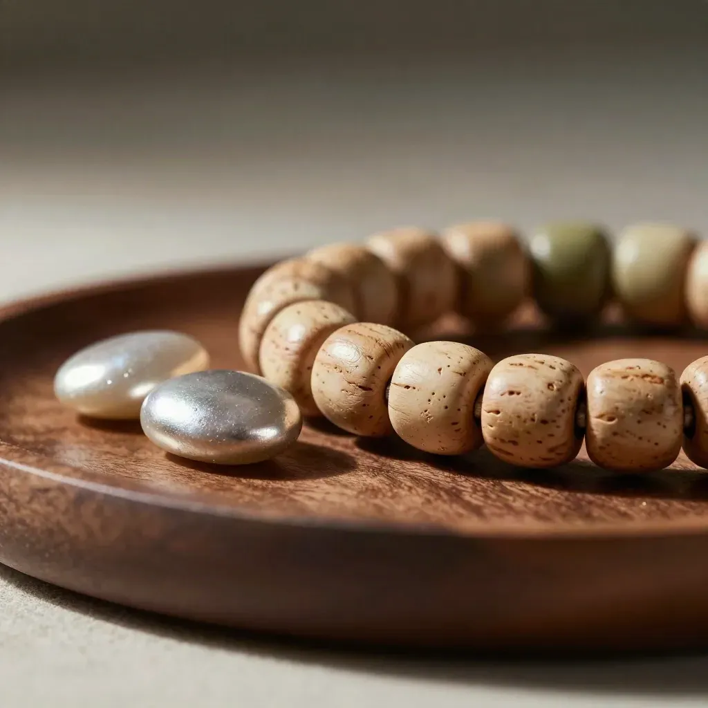 Jetons de routine en bois, bracelet de cuir tressé et galets satinés en gros plan.