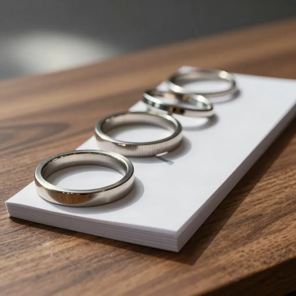 Gros plan de trois anneaux métalliques brossés, cartes blanches et clips plats sur noyer.