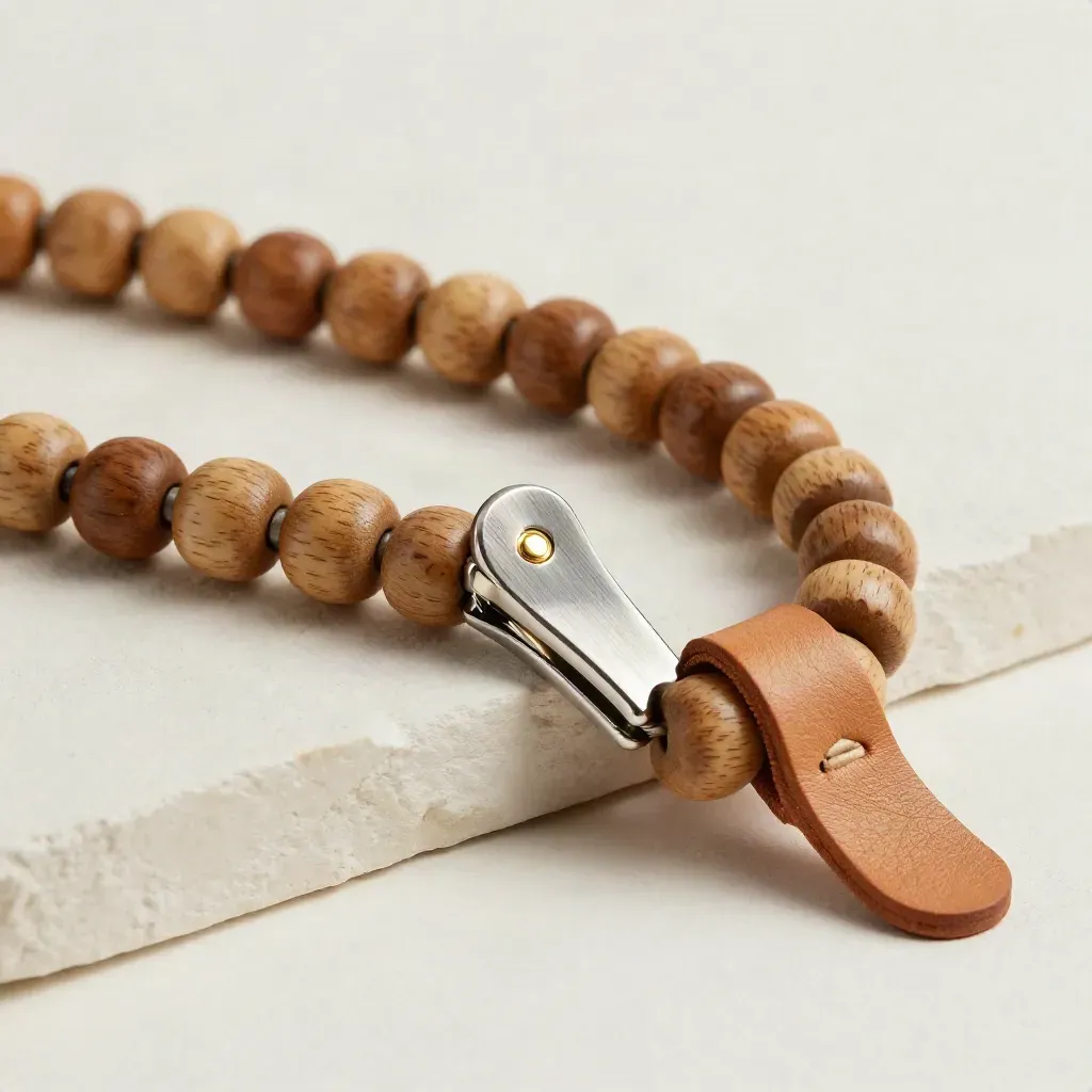 Jetons en bois, pinces métalliques et lanière de cuir sur fond clair minimaliste.