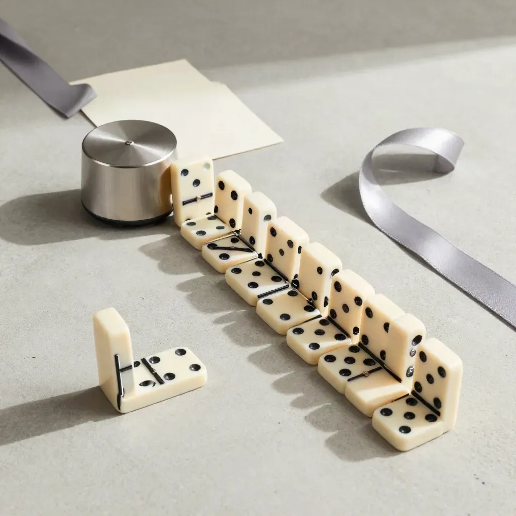 Dominos clairs, sablier argenté et ruban de tissu sur béton pâle, vue du dessus.