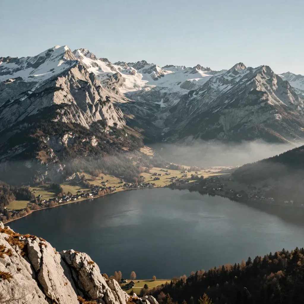 Les Alpes au-dessus d’un lac alpin, sommets clairs et brume douce au matin.
