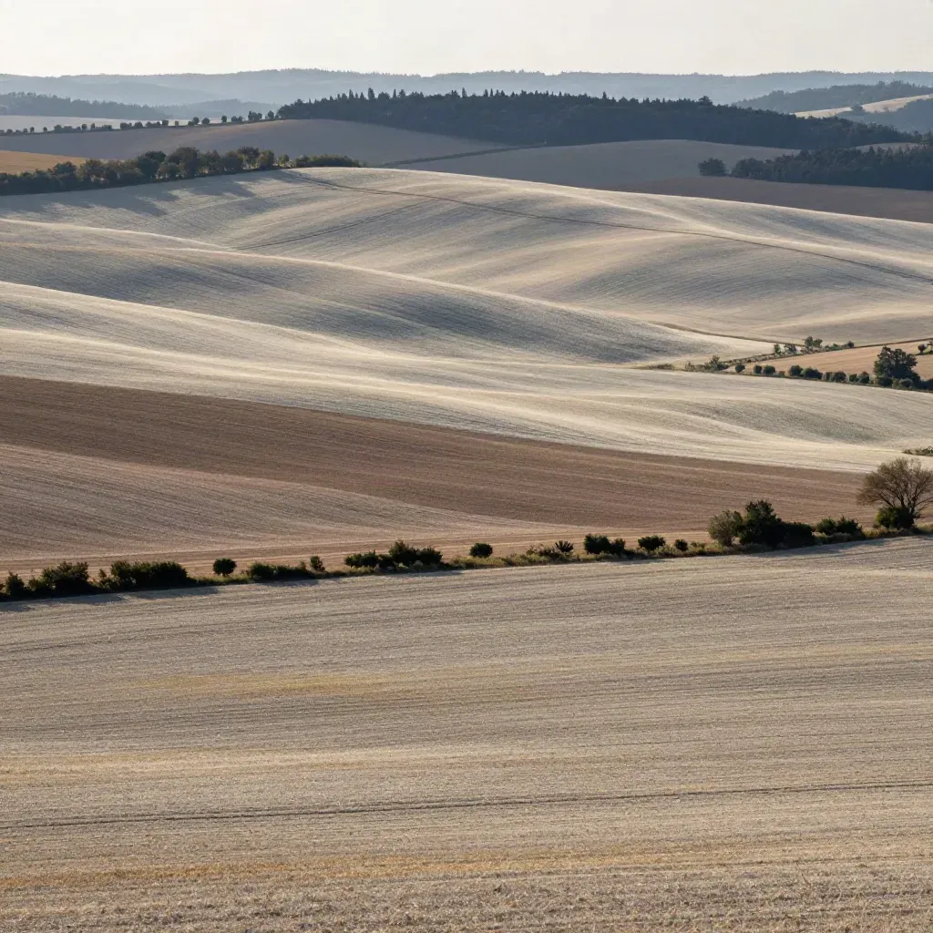 Paysage vallonné français doux, routes claires et horizon lointain pour une zone de texte.