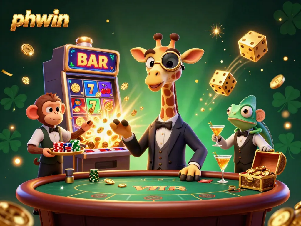 Win big at phwin with a vibrant 3D casino illustration featuring lively characters and exhilarating game elements.