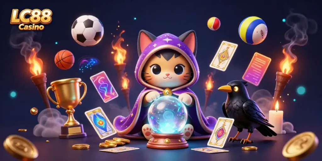 Experience the thrill of LC88 Casino with a mystical cat and raven amid dynamic sports action.