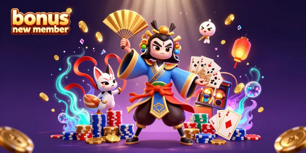 Engage in the vibrant scene of the bonus new member event with dynamic 3D characters celebrating casino excitement.