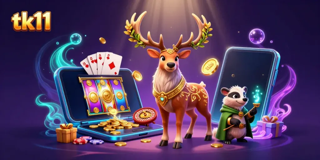 tk11 stuns with a druid stag and badger in a vibrant casino scene filled with games and glowing treasures