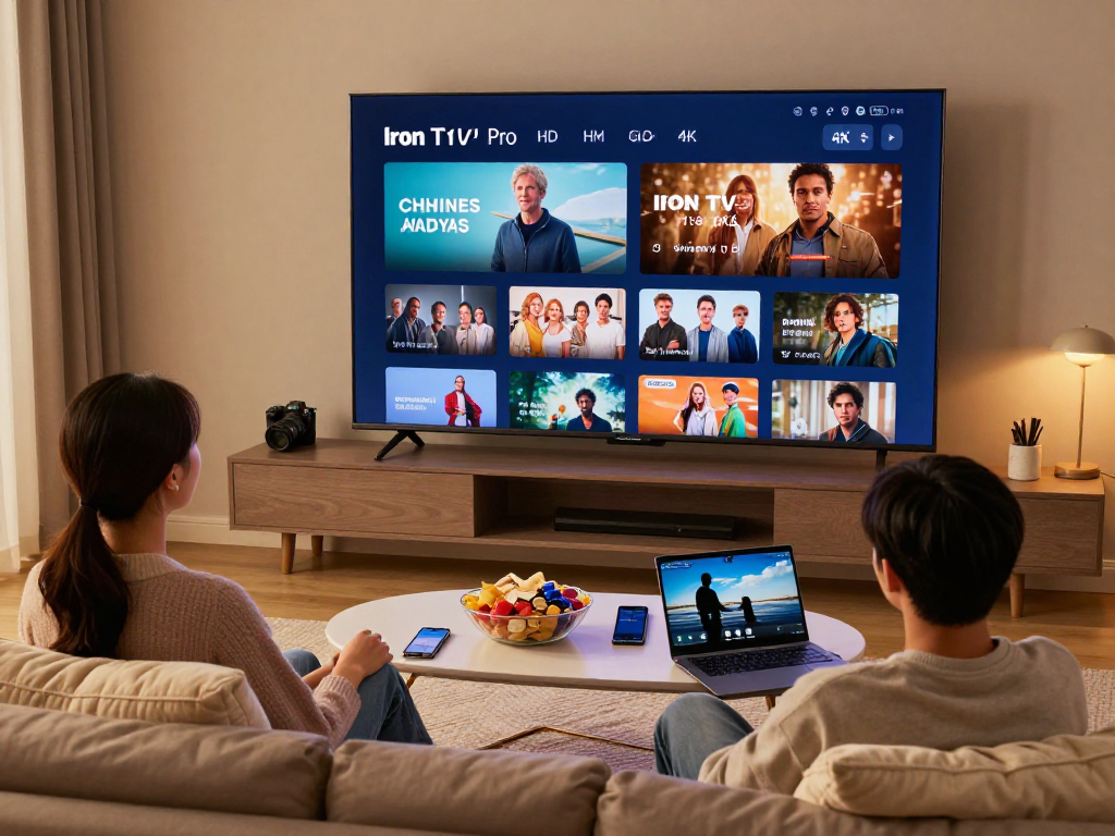 Regarder Iron tv pro sur une télévision OLED avec famille relaxée dans un salon moderne.
