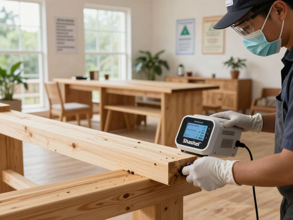 Traitement de bois écologique avec Shashel® pour éliminer les insectes à l'aide d'un dispositif moderne dans un environnement sécuritaire.