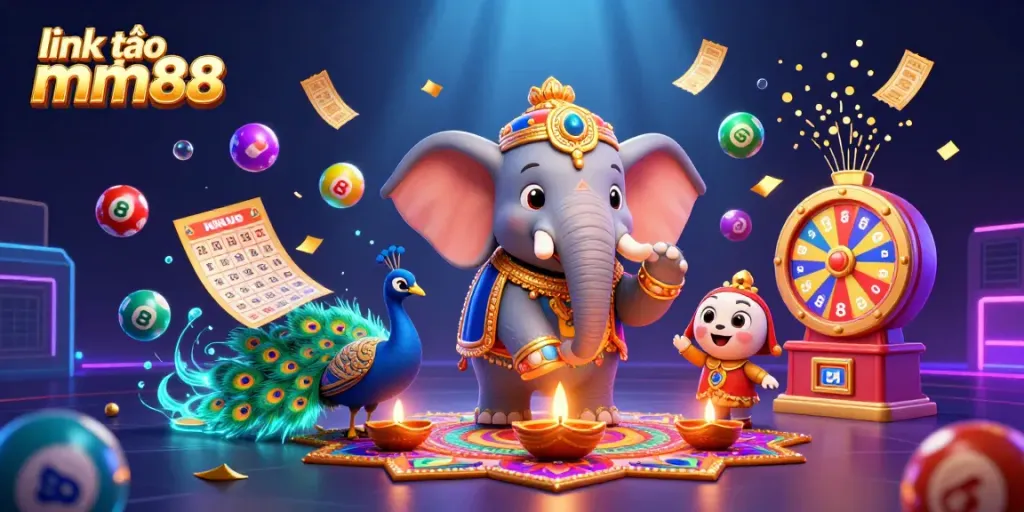 Play games and win at mm88 with vibrant themed illustration featuring colorful lottery balls and golden elements