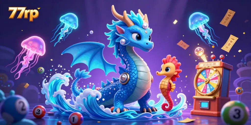 Experience the excitement of 77rp with a vibrant scene featuring a majestic water dragon, seahorse knight, and magical elements.
