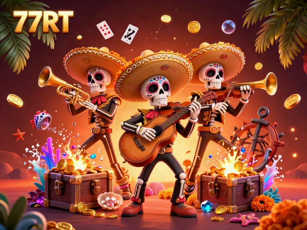 Experience the excitement of 77RT with a vibrant and colorful mariachi band in this Casino-themed illustration.