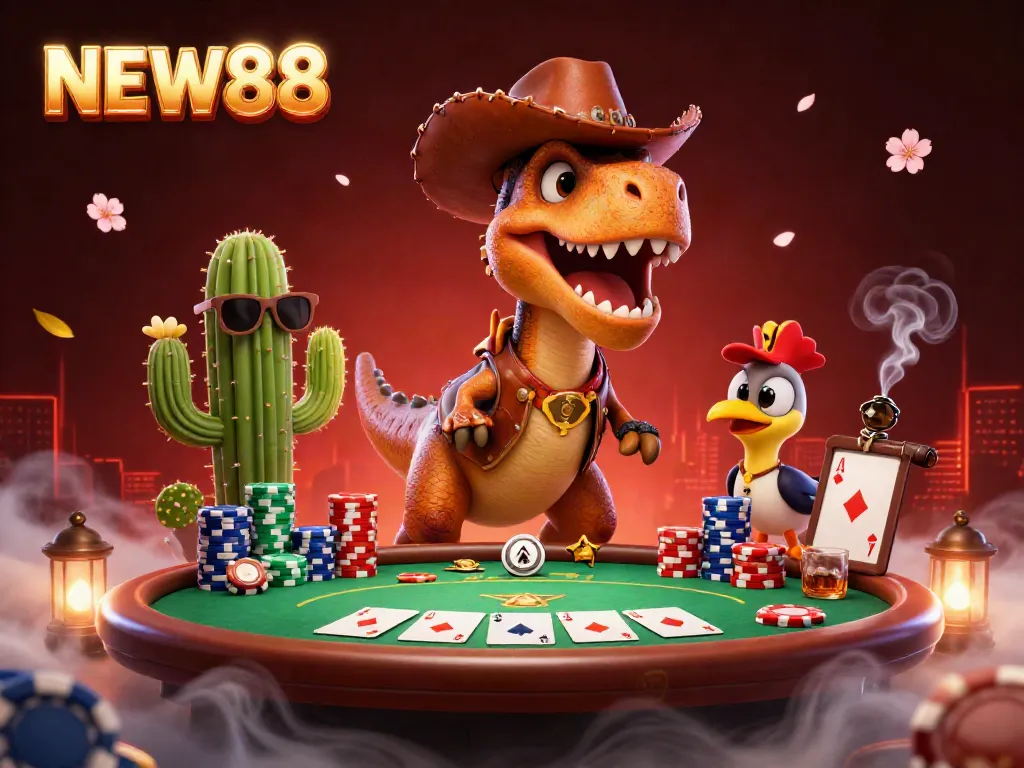 Engage in thrilling poker with NEW88's cartoon cowboy dinosaur, colorful chips, and vibrant casino elements.